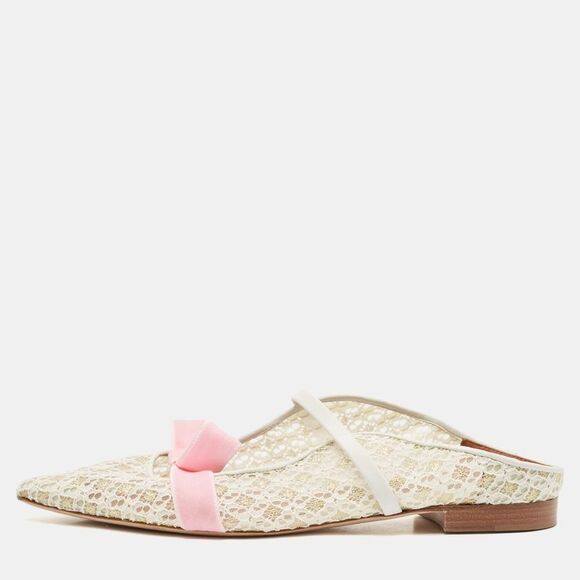 Malone Souliers White/pink Lace And Leather Maureen Flat Sandals Size 37.5 - Picture 1 of 7